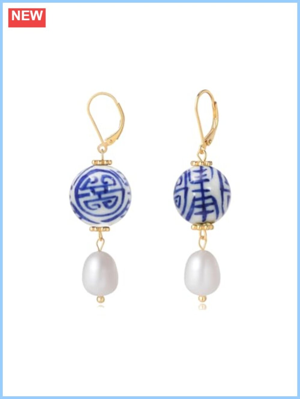 Hand-Painted Porcelain Double Happiness Pearl Drop Earrings